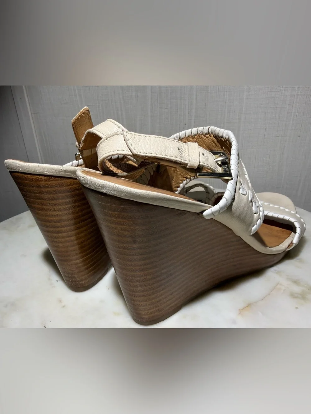 Jack Rogers Cream Leather Wedge Sandals with Whipstitch Detail